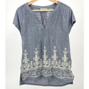 Retrology Grey/Blue V Cut Sheer soft Blouse with front embroidery Size LARGE